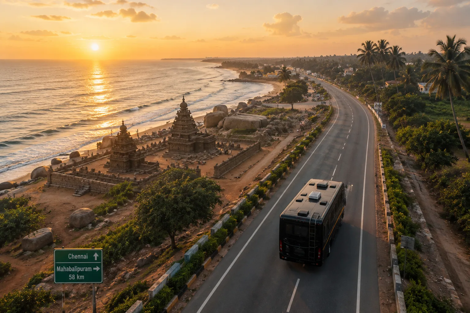 Caravan rental Chennai to Mahabalipuram — caravan parked near the Shore Temple at sunrise