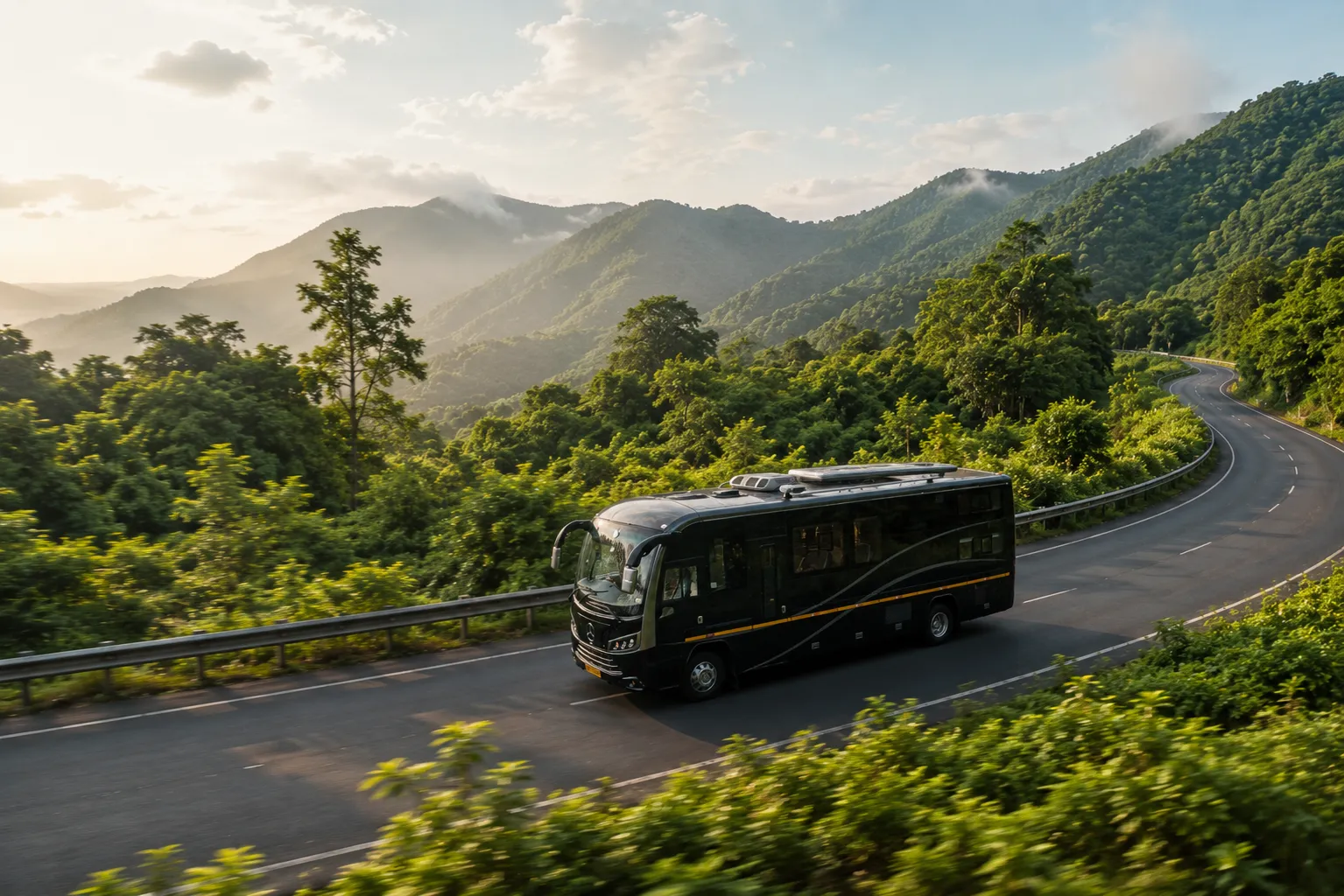 Caravan rental Chennai to Tirupati — caravan on the highway at dawn with temple gopuram in the distance