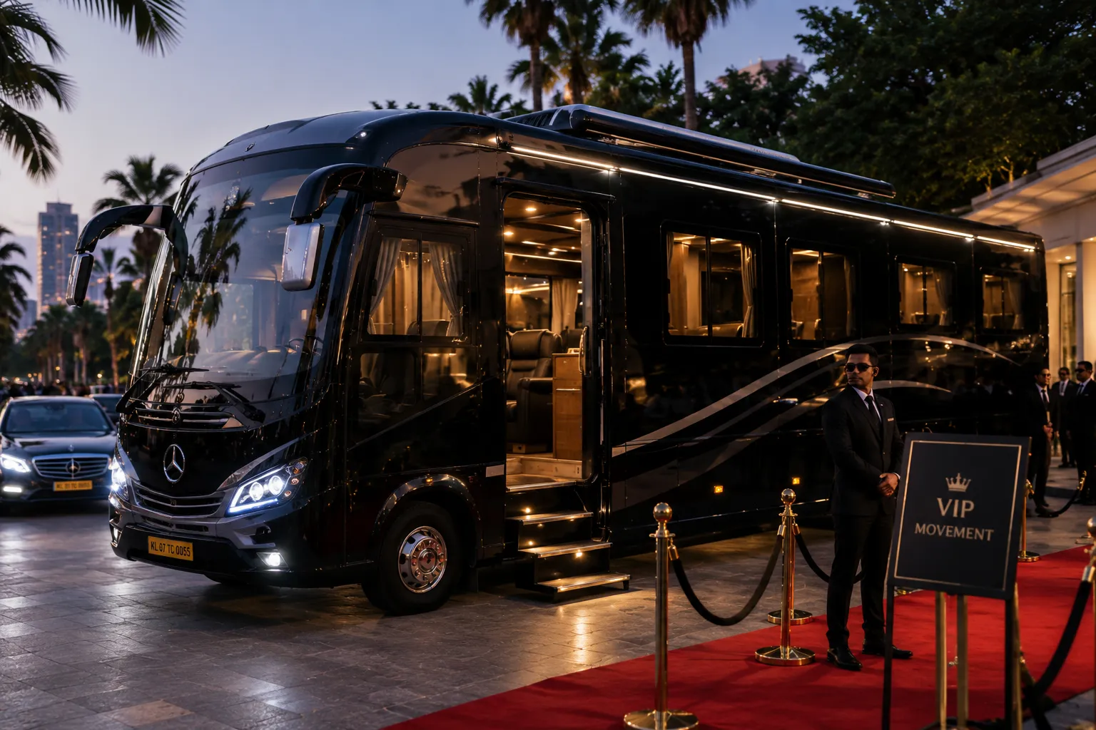 Luxury caravan at night in Chennai with privacy glass, security personnel by the door