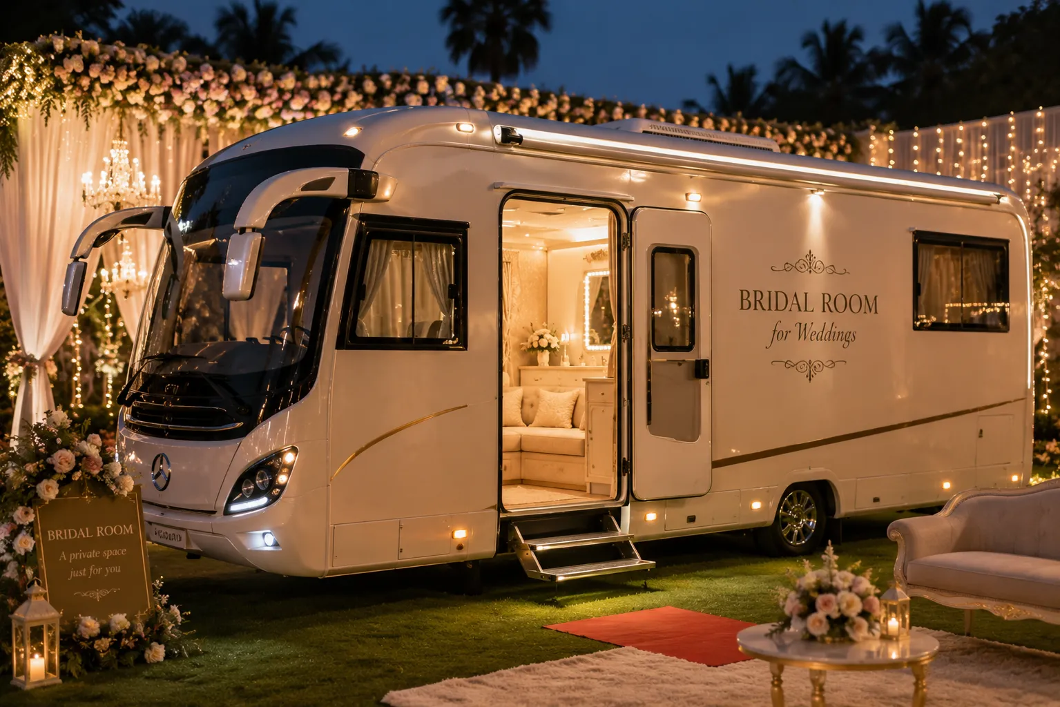 Wedding caravan rental in Chennai — caravan decorated with flowers parked beside a wedding venue entrance